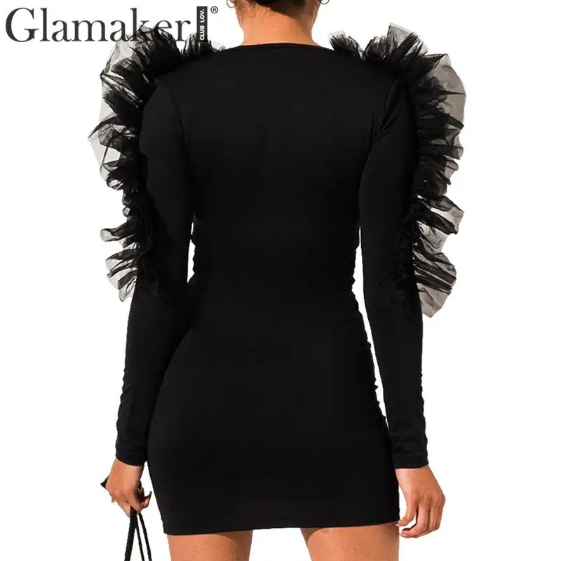Женское Сетчатое платье с оборками Glamaker черное элегантное короткое v-образным