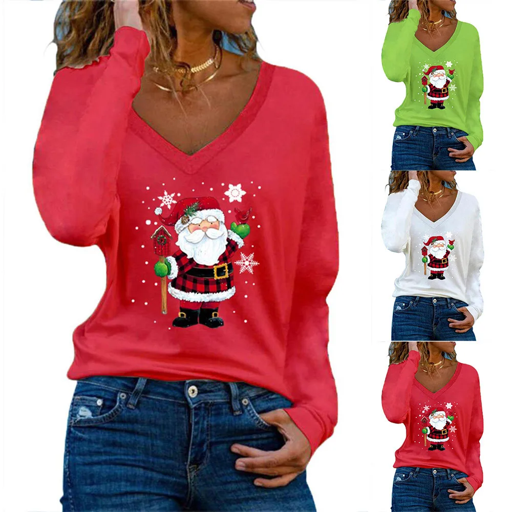 

Red Summer T-Shirts Autumn Womens Xmas Christmas Cute Santa Claus Printed Long Sleeve V Neck T-Shirt Casual TopsFashion Clothes
