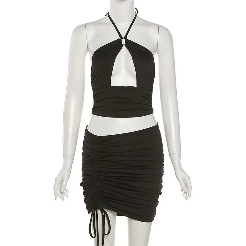 

Two Piece Set Skirt Backless Criss-Cross Crop Tops And Stacked Skirt Drawstring Matching Set Sexy Women Solid Color Clubwear