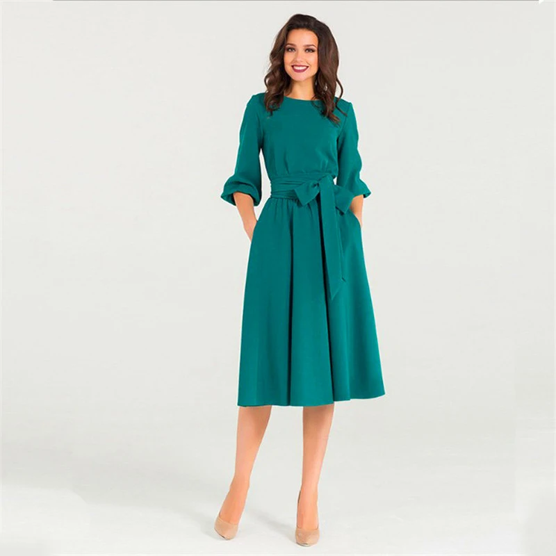 

QRWR Summer Autumn Women Dress 2021 Solid Color High Waist A Line Ladies Midi Dresses Casual Puff Sleeve Vintage Dress Women