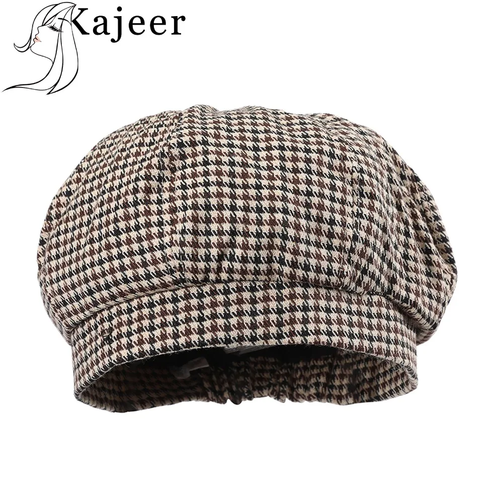 Kajeer, коричневые береты, шапка для женщин, хлопок, шерсть, гусиная лапка, плоские шапки, Женская клетчатая Повседневная шапка для художников, милая Осенняя шапка французского художника