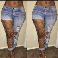 2021 ladies fashion ripped jeans light slim chain big hole denim pants jeans streetwear trousers pencil pants sexy jeans