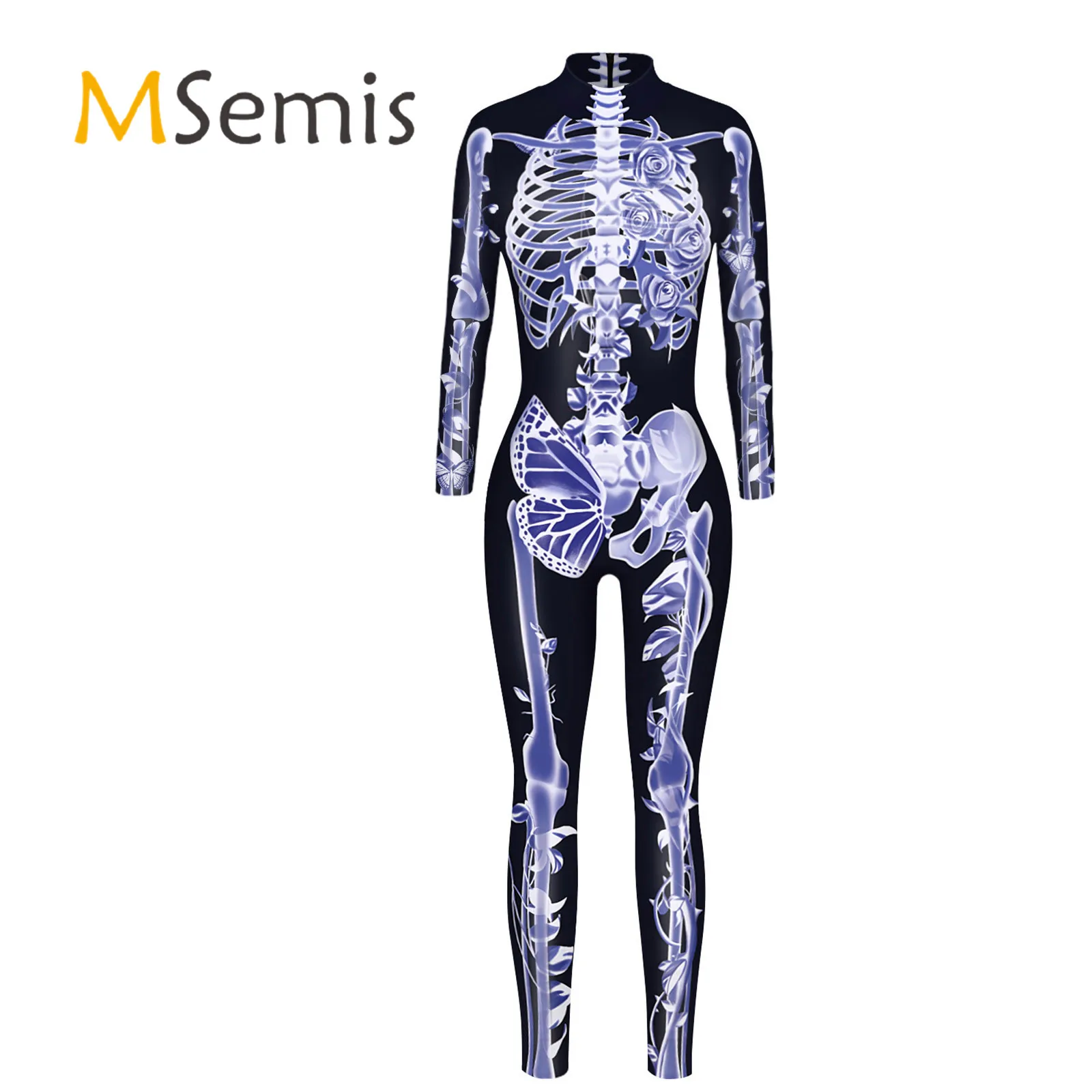 

Womens Skeleton Print Long Sleeve Bodysuit Halloween Role Play Cosplay Costume Mock Neck Skinny Jumpsuit Catsuit Clubwear