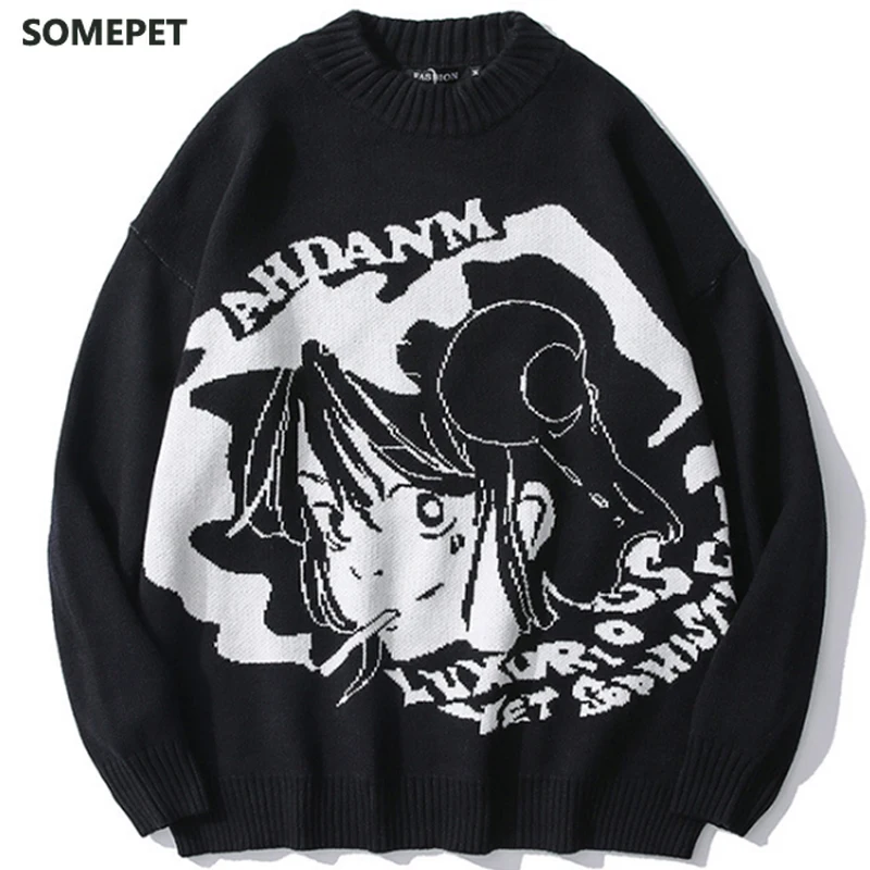 

Уличная одежда в стиле хип-хоп, мужские осенние хлопковые свободные винтажные трикотажные пуловеры в японском стиле ретро и аниме для девуш...
