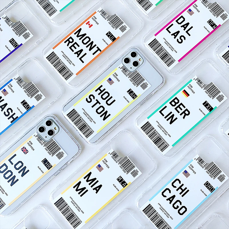 Cute travel ticket label Phone Case for iphone 12 11 Pro XS MAX 6 7 8 plus X XR Cases Flight Ticket Letter Clear Soft silicone 