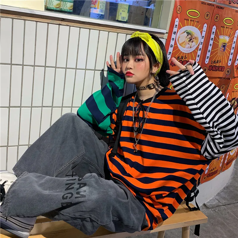 Lychee Harajuku цветная Лоскутная женская футболка, свободная полосатая Осенняя женская футболка с вырезом лодочкой, женские футболки, топы, футболки