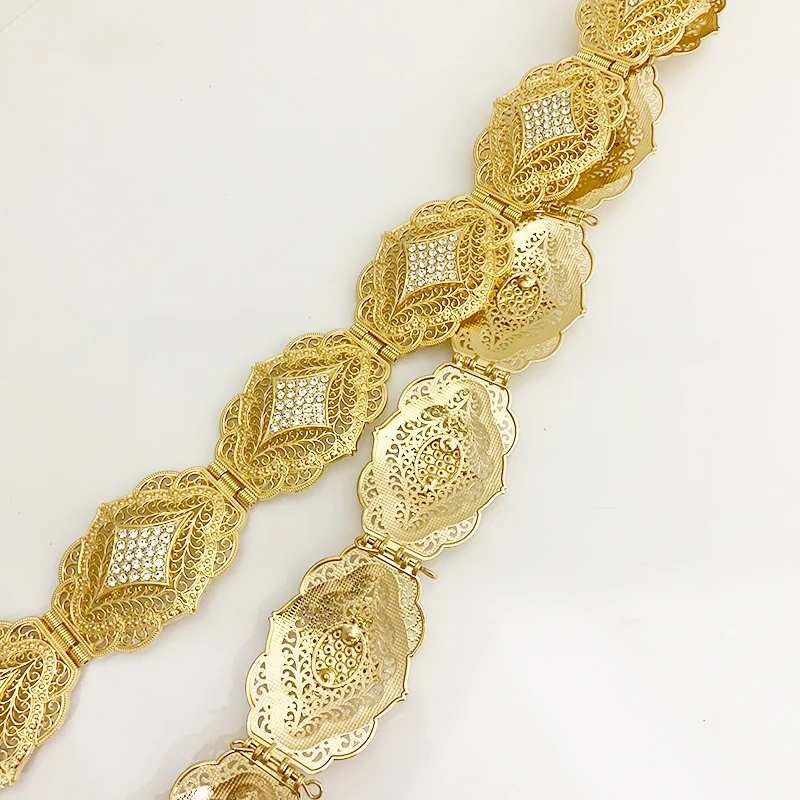 Caucasian nationality full rhinestone gold silver wedding decoration belt hollow carving metal waist chain adjustable length