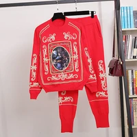 rivet embroidery print knitted tracksuit set women loose red black white gray pullover sweater pencil pants outfits 2pc female