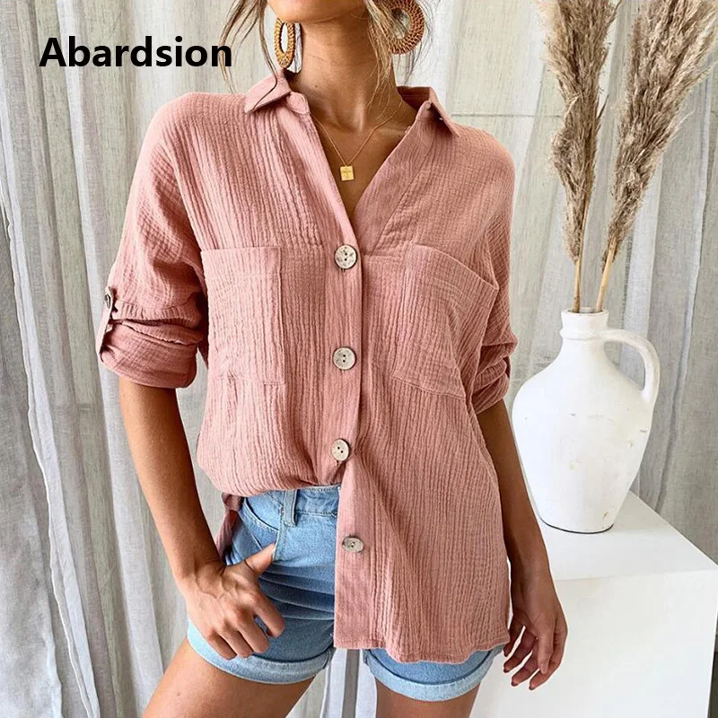 Abardsion Элегантная блузка из хлопка и льна 2019 Женская Повседневная рубашка на
