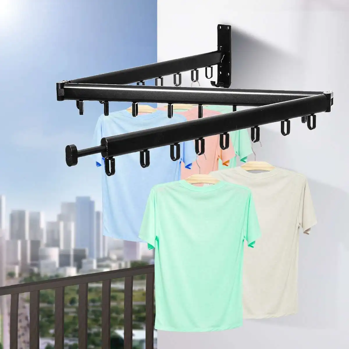 

3 Section Wall Mounted Folding Clothes Hanger Telescopic Drying Clothing Rack Bar Space Saving Laundry Organizer