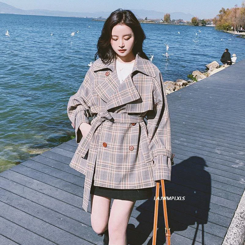 

Spring Classic Plaid Windbreaker Mid-length coats 2021 Autumn Korean Trench Coat Women's Loose Plus Size Outwear Overcoats