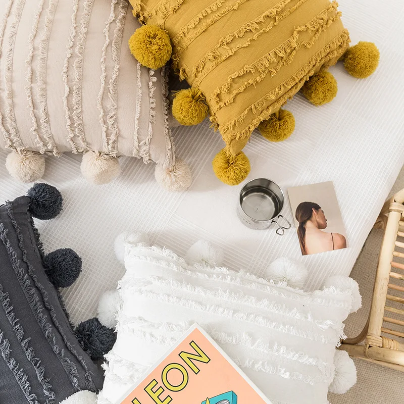 Чехол для подушки из хлопка и льна квадратная наволочка с кисточками слоновой