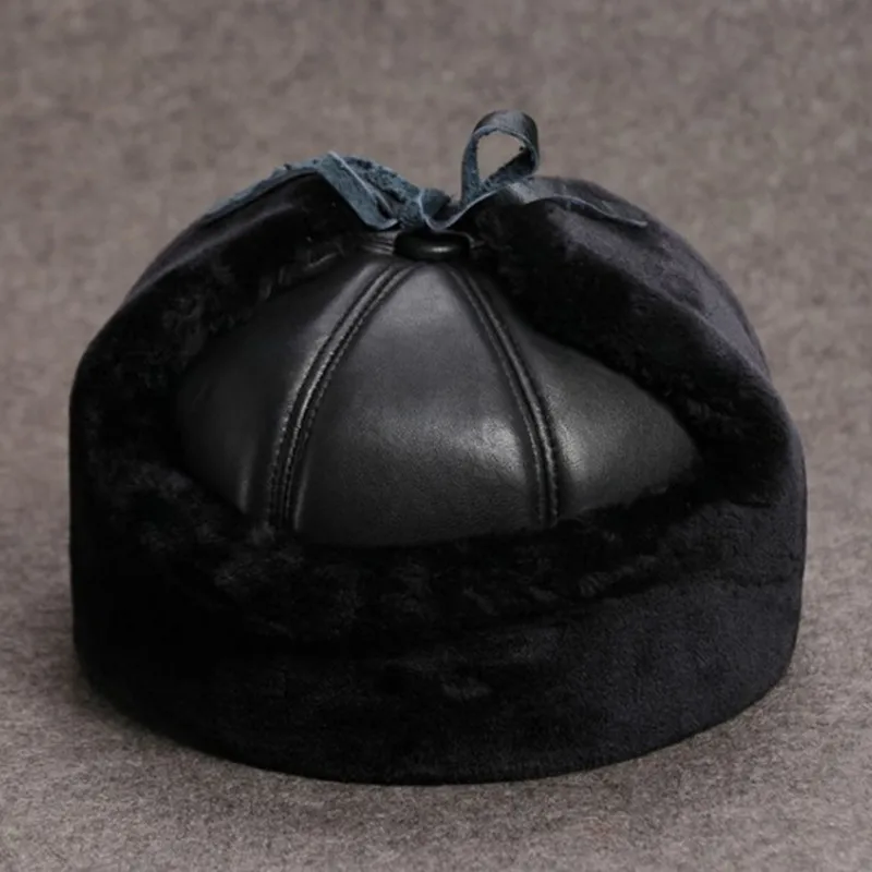 XdanqinX Winter Men Genuine Leather Cap Thick Velvet Bomber Hats Sheepskin Leather Hat Men's Warm Earmuff Caps Old Men Dad's Hat