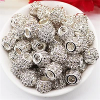 10pcs white clear crystal silver plated large hole brass cubic zirconia cz micro pave beads spacers for bracelets jewelry making