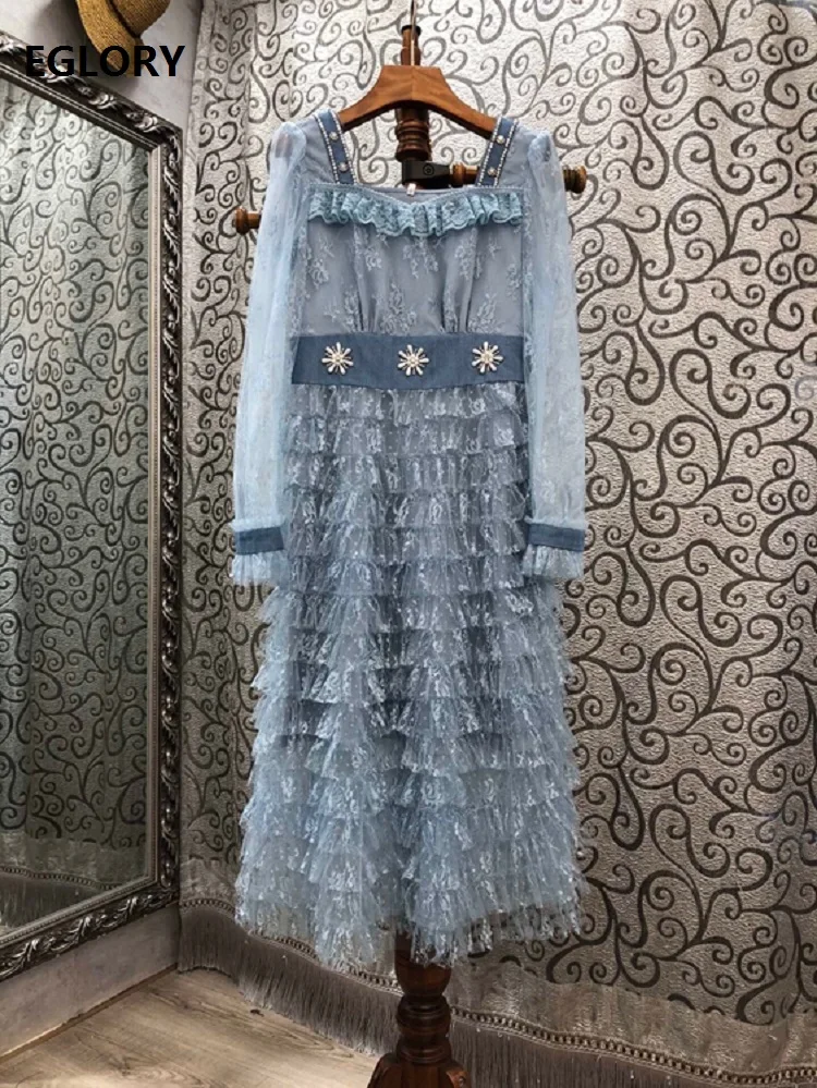 

Vestidos De Fiesta 2020 Autumn Winter Evening Women's Dress Sexy Square Collar Diamond Beading Deco Long Sleeve Blue Lace Dress