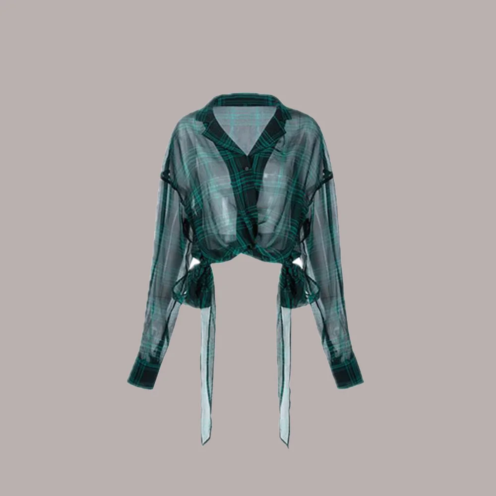 

Blouse Dark Gothic Careful Machine Short Sexy Sunscreen Clothing Perspective Plaid Chiffon Shirt Blouse Women's Daily New Style