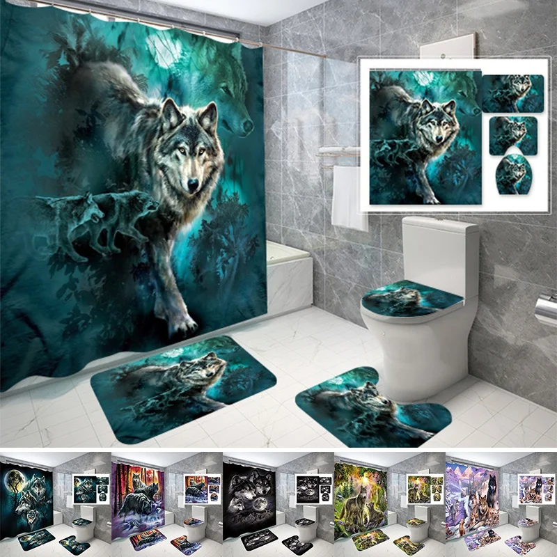 

Водонепроницаемая душевая занавеска С 3D принтом волка в лесу, набор с подставкой для ванной комнаты, декоративный коврик для ванной комнаты