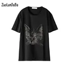 Футболка ZuoLunOuBa женская с коротким рукавом, модный Свободный Топ с черными стразами и злым котом, на лето