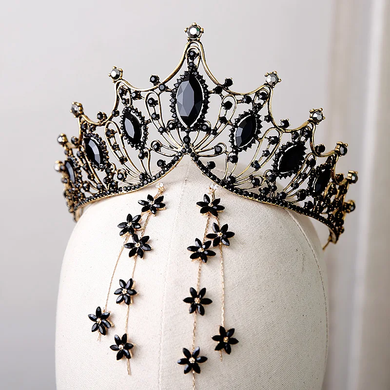 

fashion black crystal hair crown earrings Baroque atmospheric birthday hair decoration wedding hair accessories