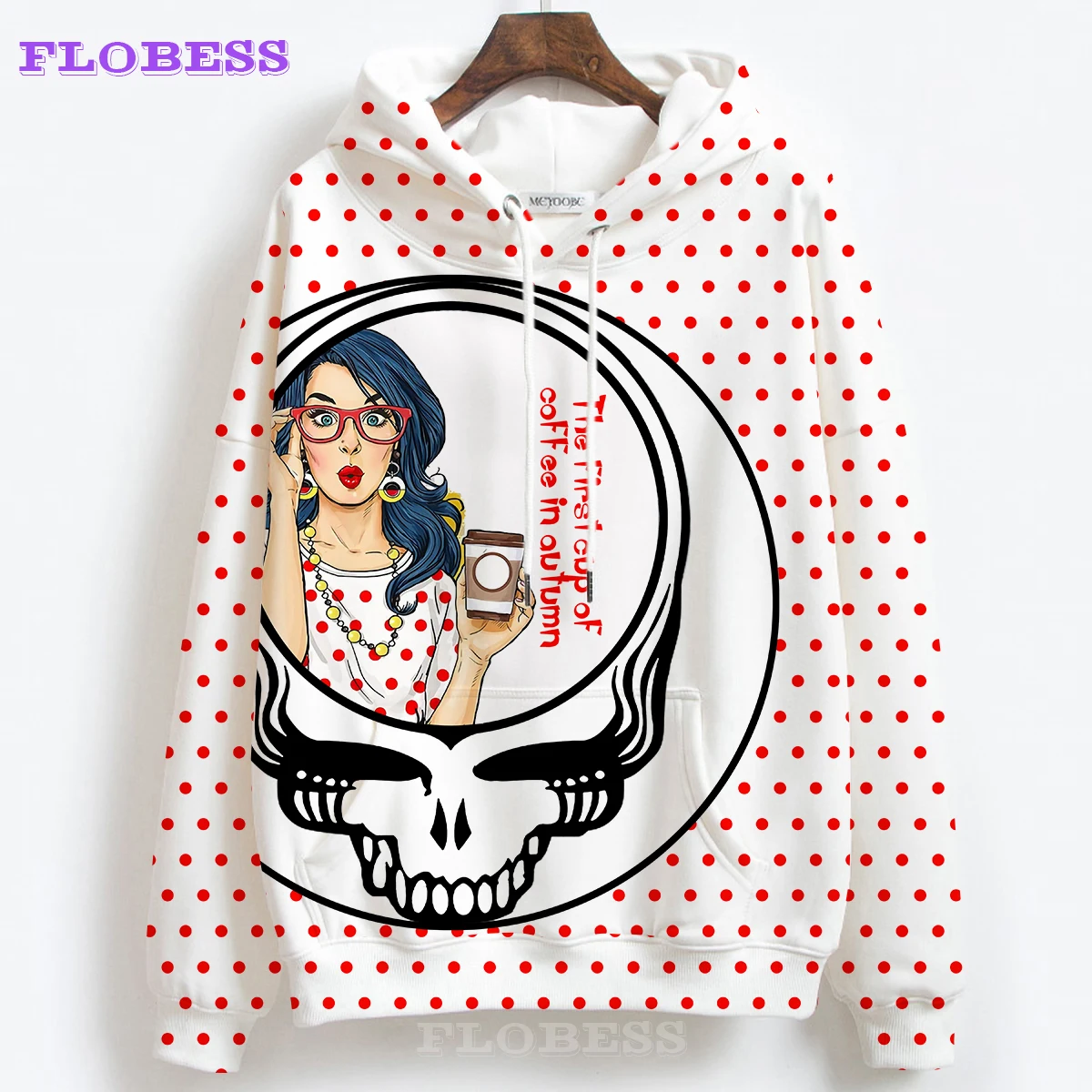 New 2022 Autumn Winter Custom Girl Unique Red Dot And Skull Print Halloween Day Hoodies