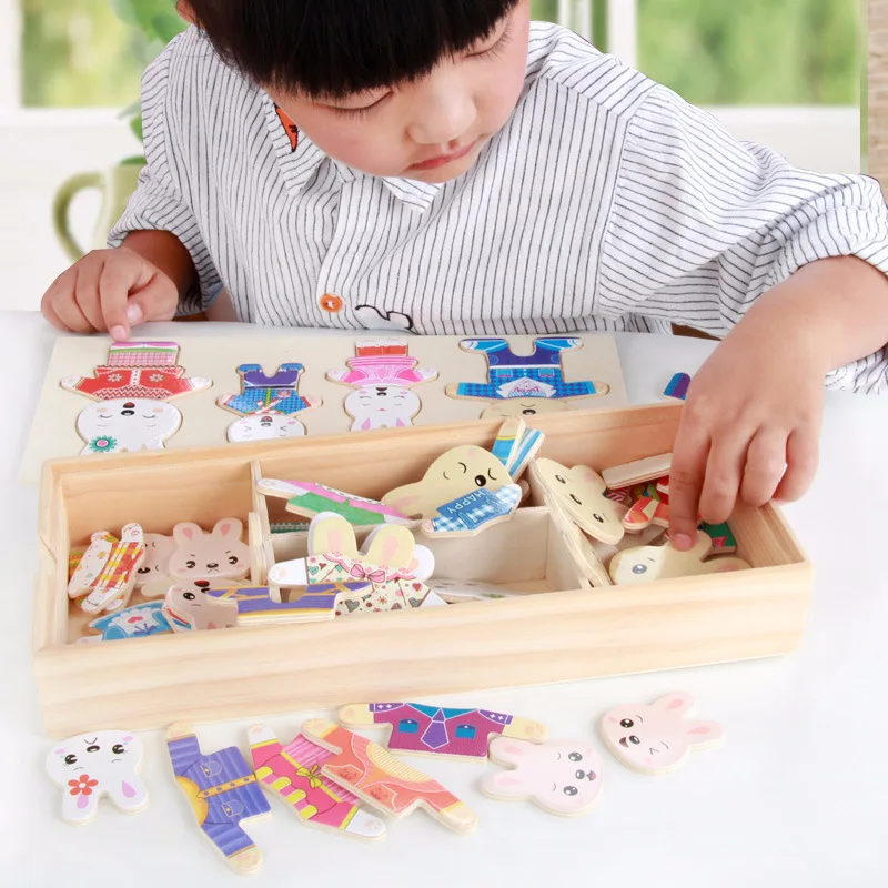 

Four Cubs Change Clothes Wooden Toys Children Early Teaching Puzzle Toys Collage