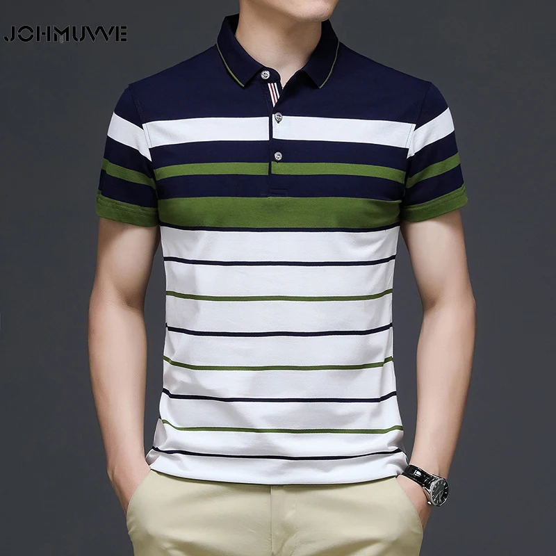

JOHMUVVE 2021 New Arrival Polo Shirt Striped Short Sleeve Summer Cool Shirt Streetwear Fashion Male Polo Shirt Men Tops Clothes