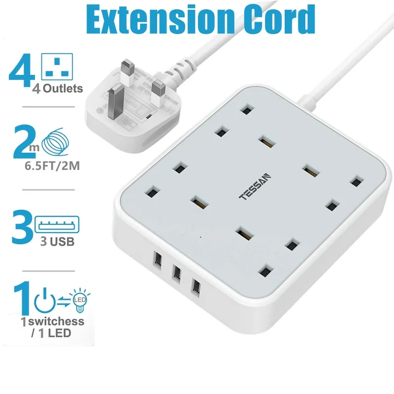 

TESSAN UK Plug Extension Socket Power Strip with 3 USB Slots & 4 Way UK Outlets On/Off Switch 2M Extension Cable for Home Office