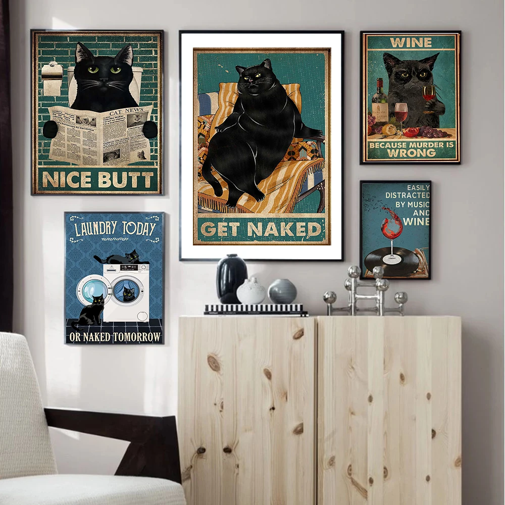 

Mental Black Cat Poster Your Butt Napkins Art Print Vintage Get Naked Retro Funny Bathroom Sign Home Decor Retro Poster