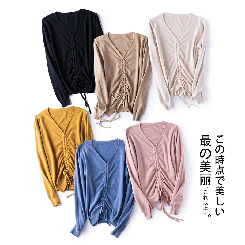 Женский кашемировый свитер облегающий с V-образным вырезом и длинным рукавом