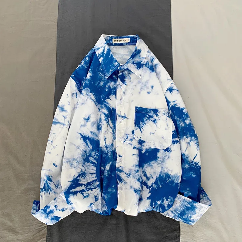 Camo рубашка Мужская модная повседневная рубашка с принтом Tie-dye Мужская Уличная Свободная рубашка с длинными рукавами Мужская s M-2XL - Цвет: blue