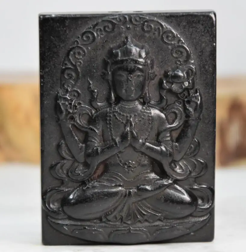 

Хуншанская культура архаиз черный железный метеорит четыре руки Гуаньинь Будда Амулет подвеска маленькая статуя