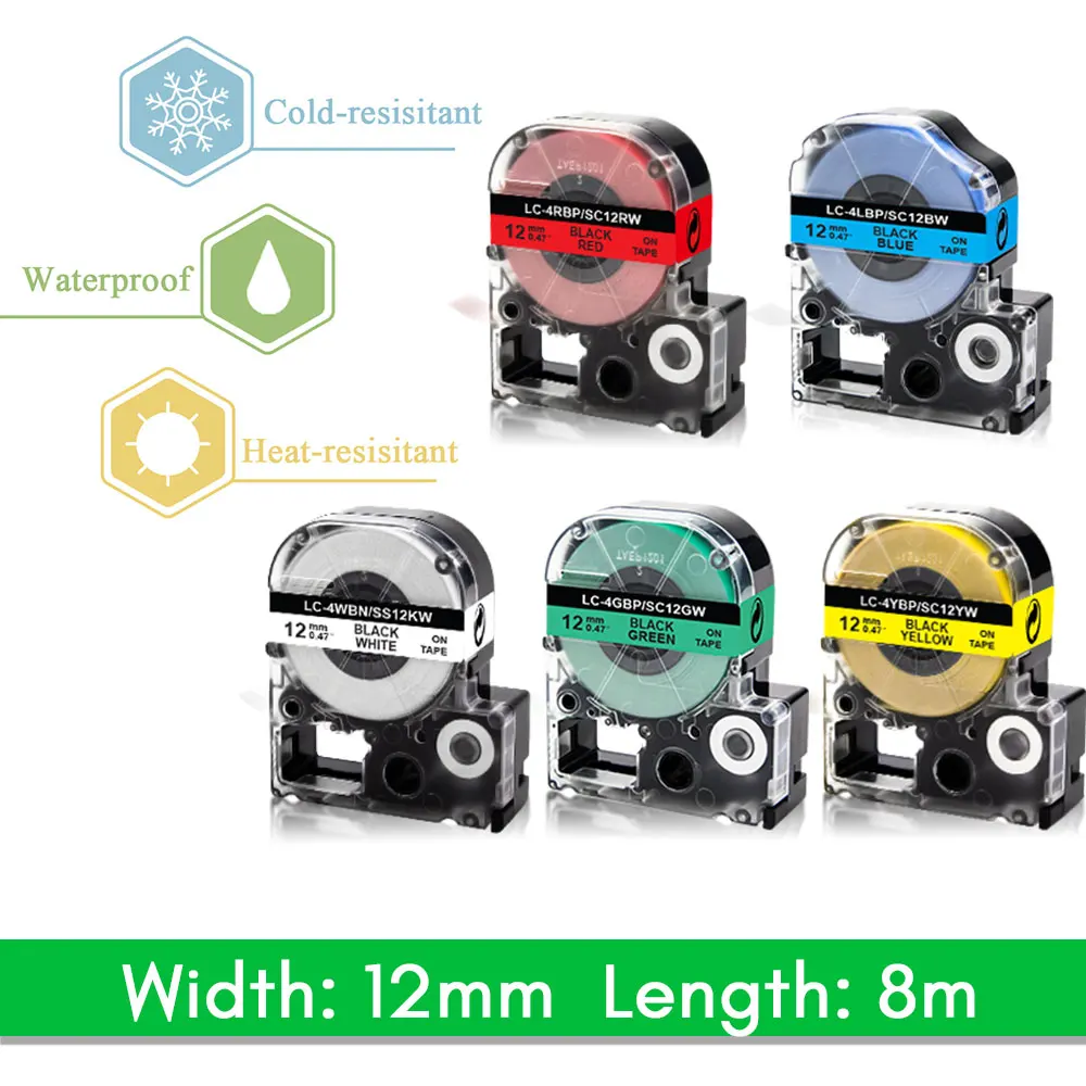 Лента для этикеток ABCOLOR 12 мм ss12 кВт LC-4WBN9 совместимая с Epson King jim SS12 SS9 ss6 SC12YW LW-300 LW-400