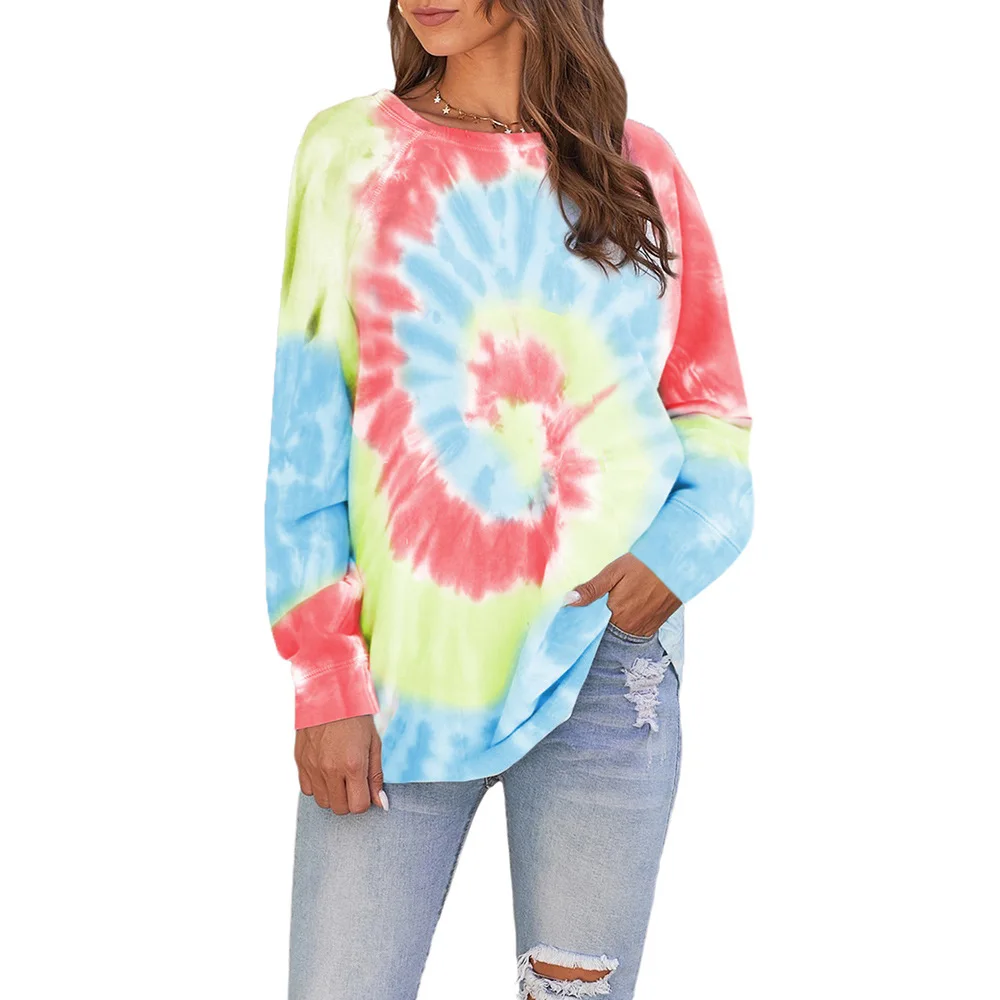 

European and American Trendy Long Women's Spring and Autumn Casual Irregular Tie-Dye Printed Round Neck