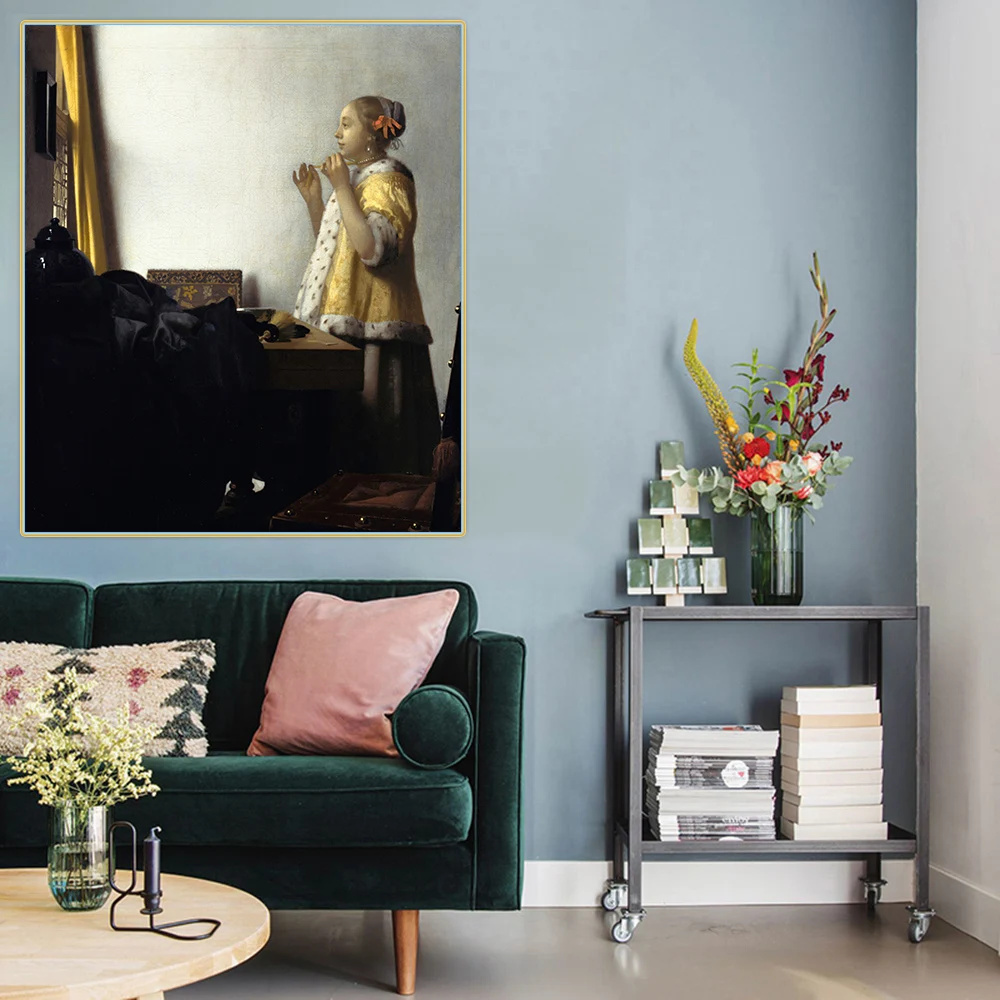 Молодые женщины с жемчужным ожерельем Йоханнеса Вермеера Холст Картина маслом