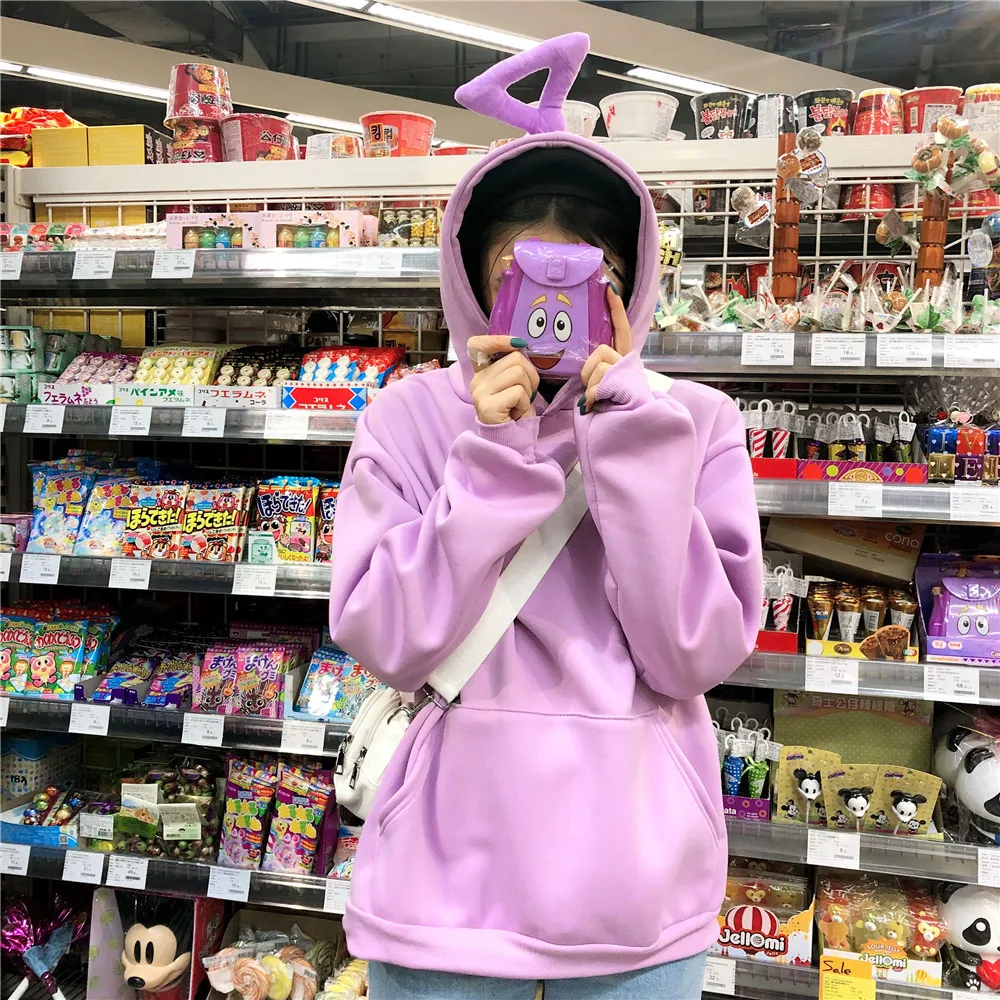 

Cute Harajuku Hoodies Women Solid Kawaii Sweatshirt Plus Velvet Korean Casual Long Sleeve Tops Female Oversize Warm Pullover