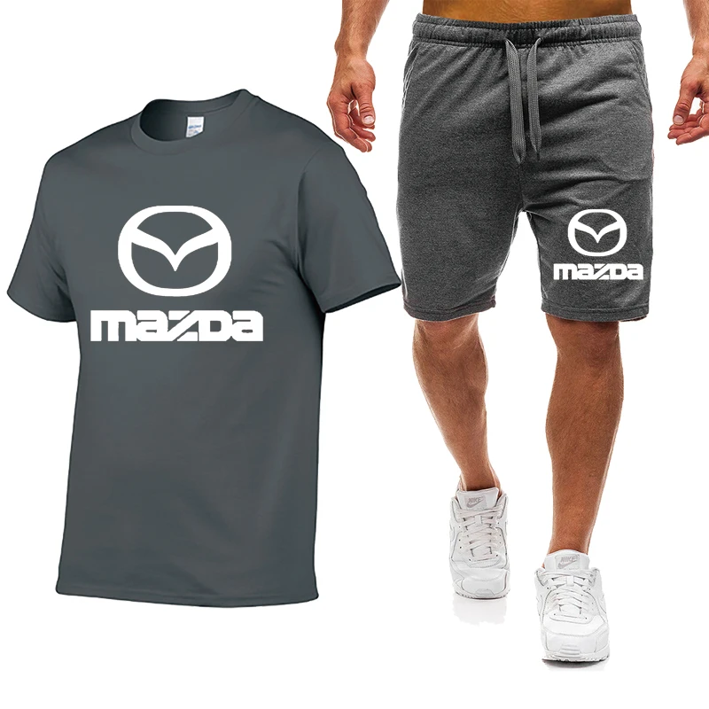 

Summer Men's short sleeve Mazda Car Logo Casual cotton High quality Round Neck Men's POLO shirt pants 2 piece suit
