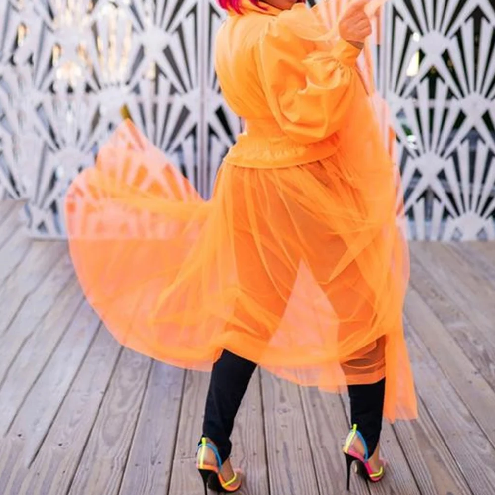 

orange women mesh long shirt fashion chic slim long sleeve puff sleeve blouses tops spring autumn african new patchwork shirts