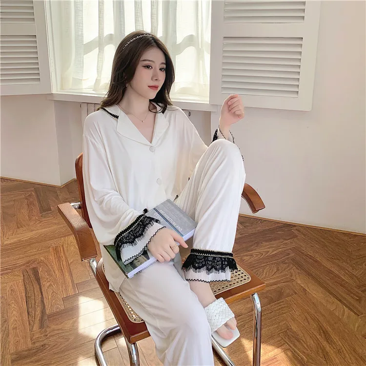 

Sexy Lace Pajamas Set for Women 2021 Spring&Autumn Long Sleeve Trousers Cotton Thin Nightwear Modal Black High-Grade Sleepwear
