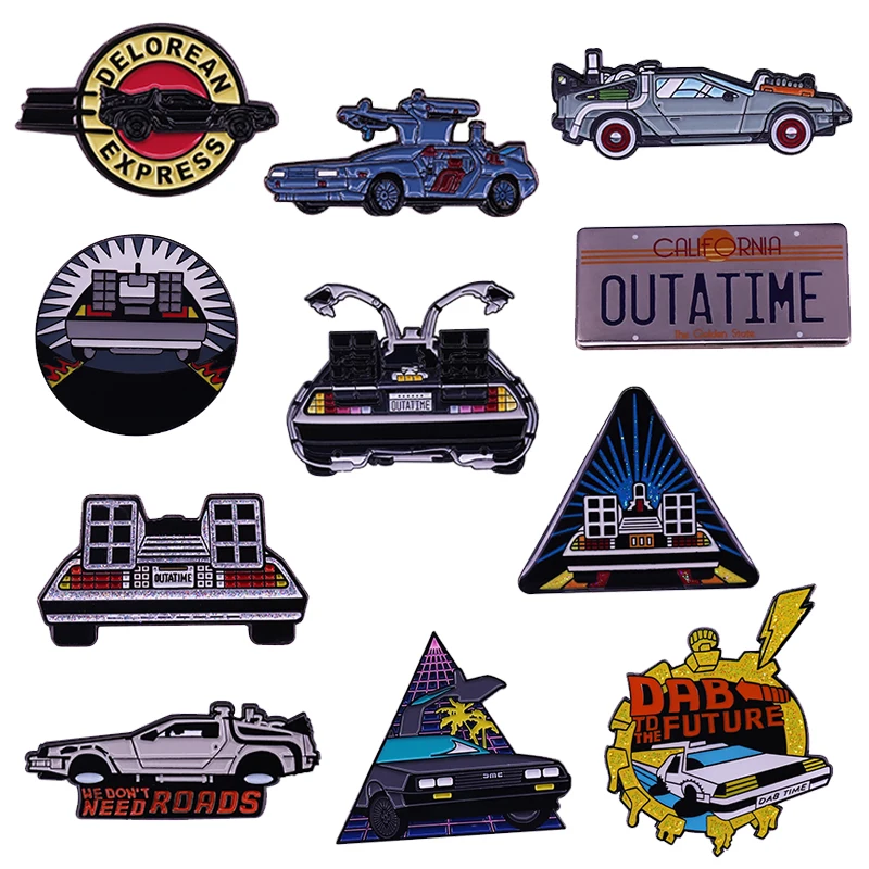 Back To The Future Delorean Pins Collection Time Machine OUTATIME Neon Glitter Badge Dab Car Brooch Cool Gift for Movie Fan!