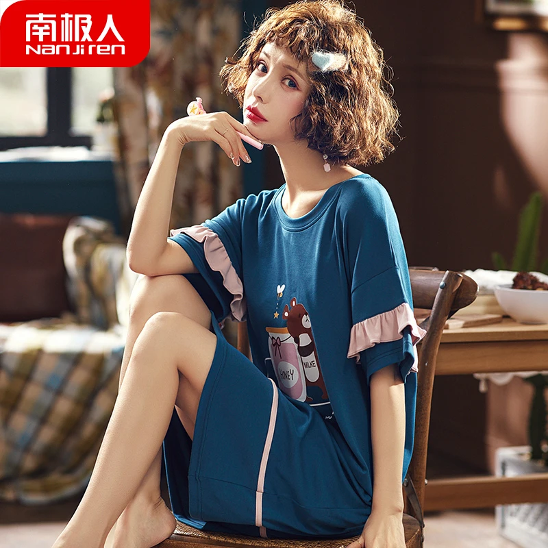 

Nanjiren Short-Sleeved Nightdress for Women Summer Cute Student Girl Pure Cotton Pajamas Skirt Summer Thin Homewear for Women