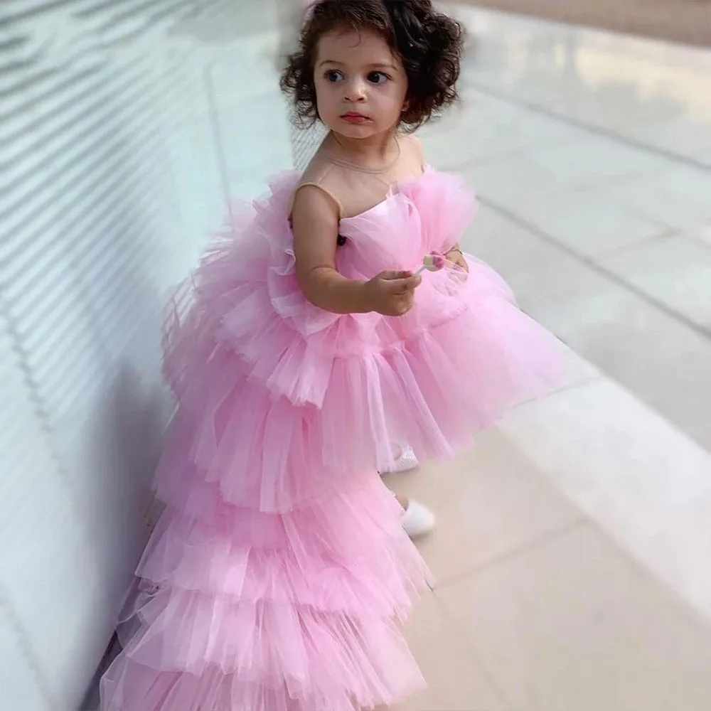 Rose Tulle Princess Puffy Flower Girl Dresses Baby Wedding Party High-Low Kid Brithday Dress First Communion Gown