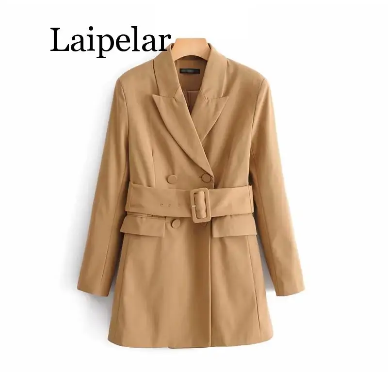 Laipelar Khaki Women Elegant Long Blazers 2019 Spring-Autumn Ladies Chic Notched Collar Suits Jackets with Belt Girls Blaze | Женская