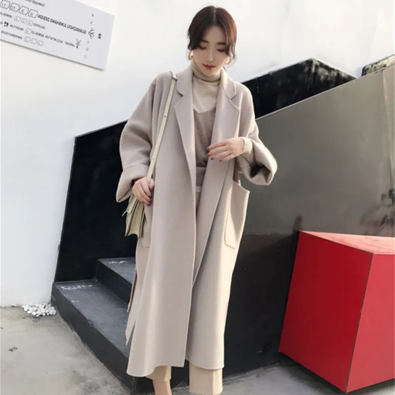 Осень 2019 шерстяное одноцветное длинное женское пальто теплое повседневное новое