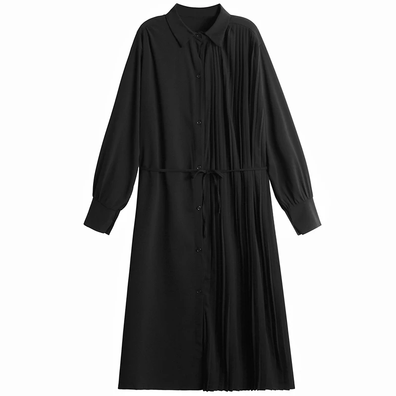 

IEQJ Women Pleated Dress Solid Lace Up Loose Slim Elegant Full Sleeve Lapel Collar Casual 2021 New Spring Fashion Tide XA249