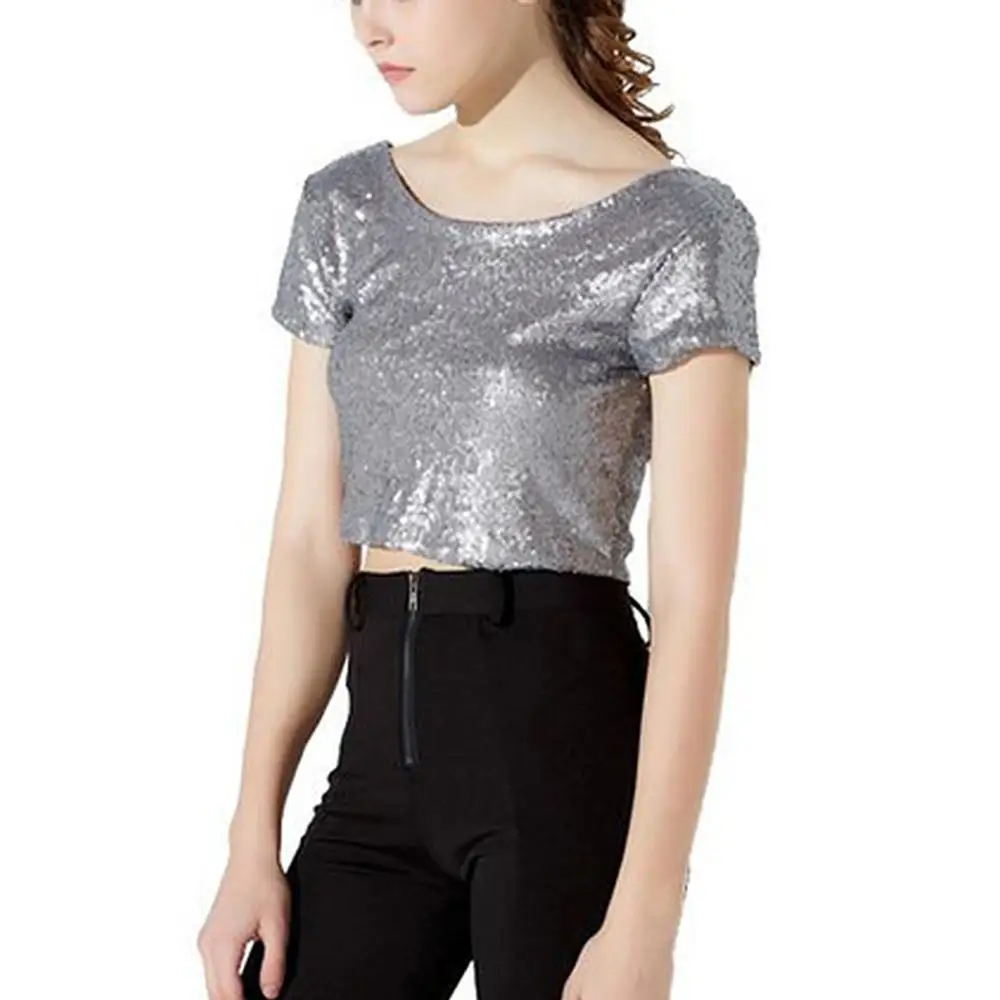 Женский однотонный пуловер с коротким рукавом и блестками круглым вырезом