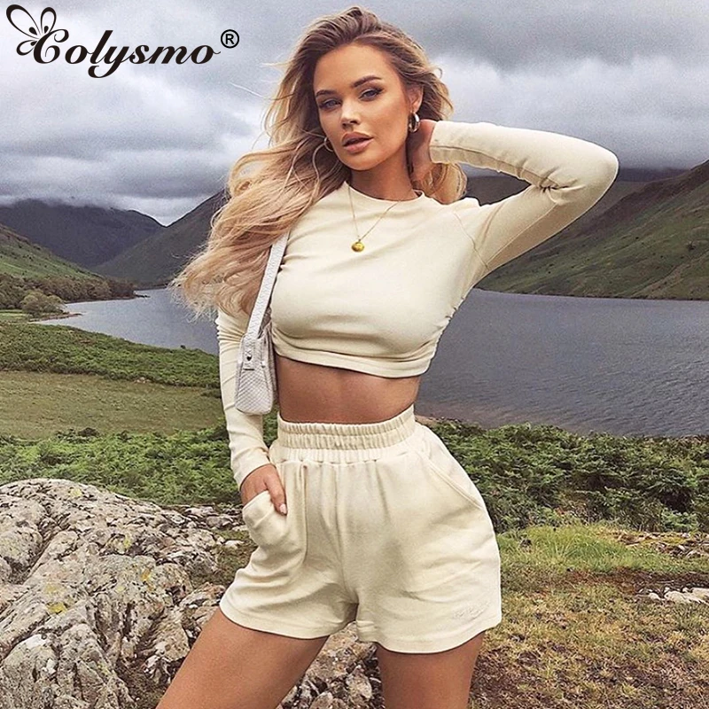 

Colysmo Mini Shorts Set Tracksuit Women Summer Back Cut Out Sexy Crop Top Two Piece Set Womens Solid Casual 2 Piece Clothes 2020