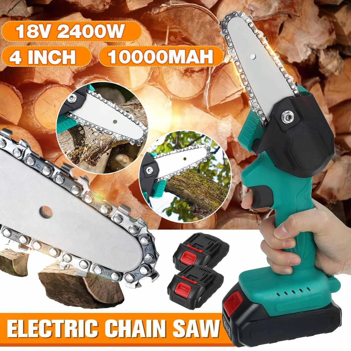 

18V 2400W 4 Inch Mini Electric Saw Chainsaw With 2Pcs Battery Garden Tree Logging Saw Tools Wood Cutters For Makiita Battery