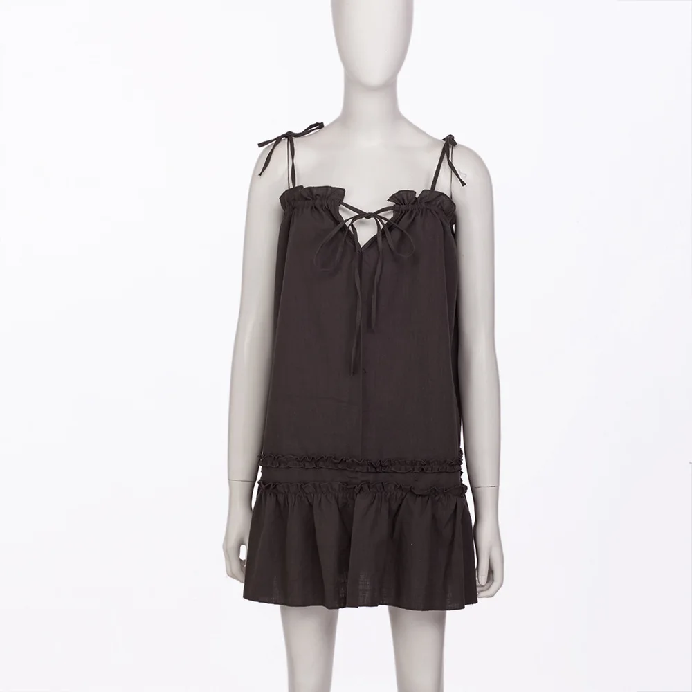 

Women Summer Cotton Dress Sexy Slash Neck Elegant Spaghetti Strap Lace Up Female Loose Dresses Female Solid Color Mini Dress