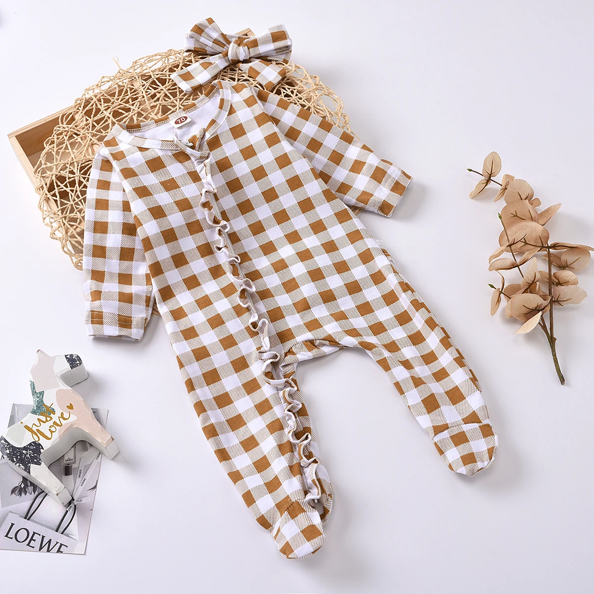 

Newborn Baby Clothes Lovely Set Long Sleeve Round Neck Falbala Edge Check pattern Long Pants with Bow Hairband Outfits Fashion