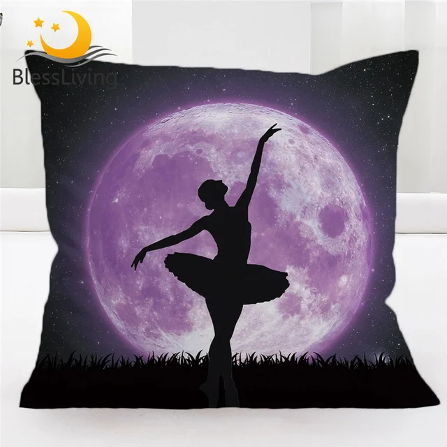 BlessLiving Ballet Pillow Cover Giant Purple Moon Cushion Cover Dancing Girl 45x45 Galaxy Night Sky Elegant Pillow Case Dropship 1